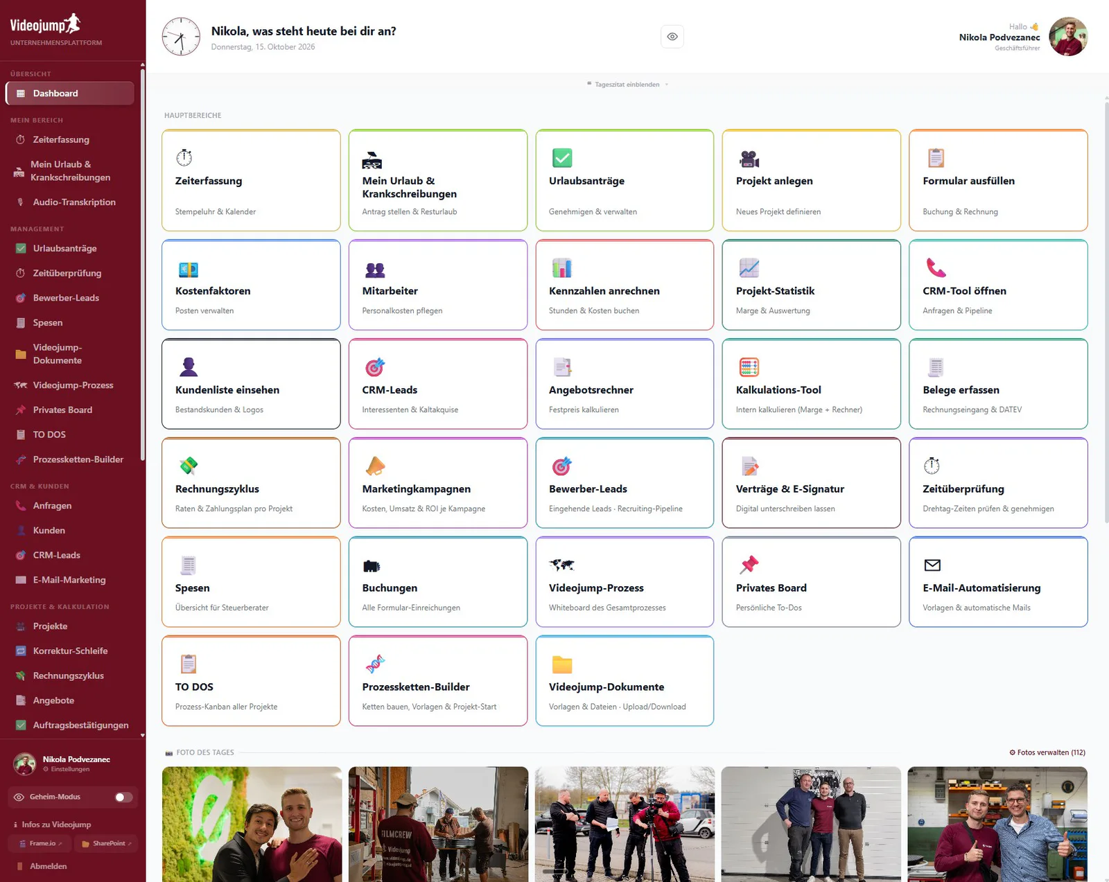 Videojump-Plattform: Dashboard mit allen Bereichen