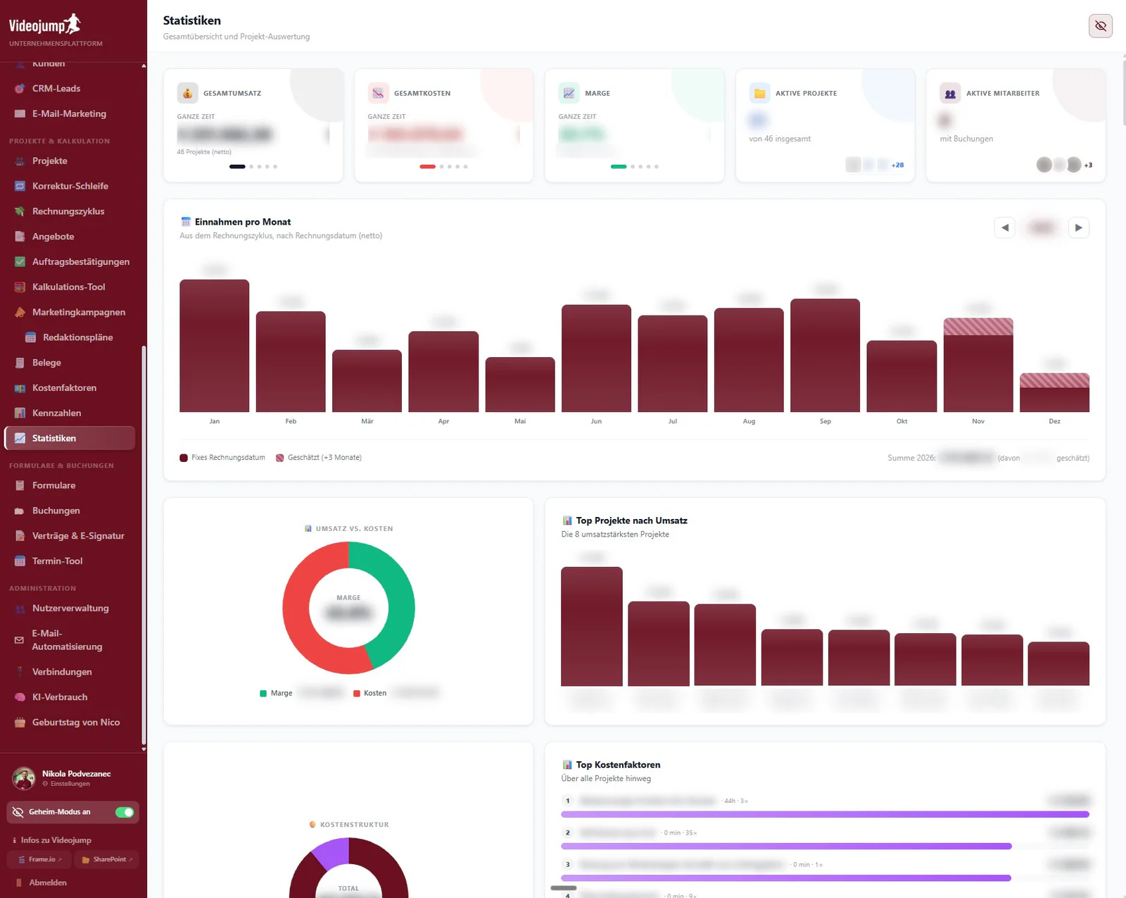 Videojump-Plattform: Statistiken zu Umsatz, Kosten und Projekten