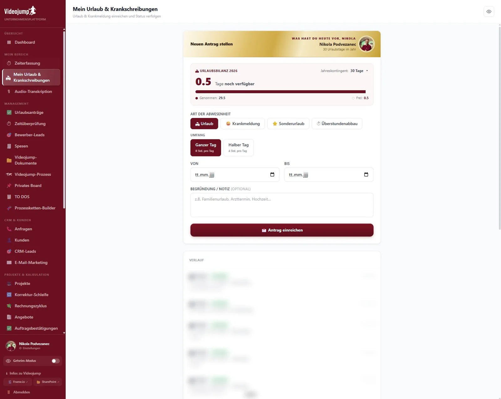 Videojump-Plattform: Urlaub und Krankmeldung beantragen