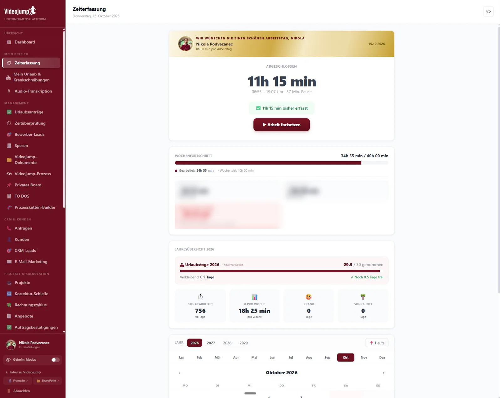 Videojump-Plattform: Zeiterfassung mit Stempeluhr und Wochenfortschritt