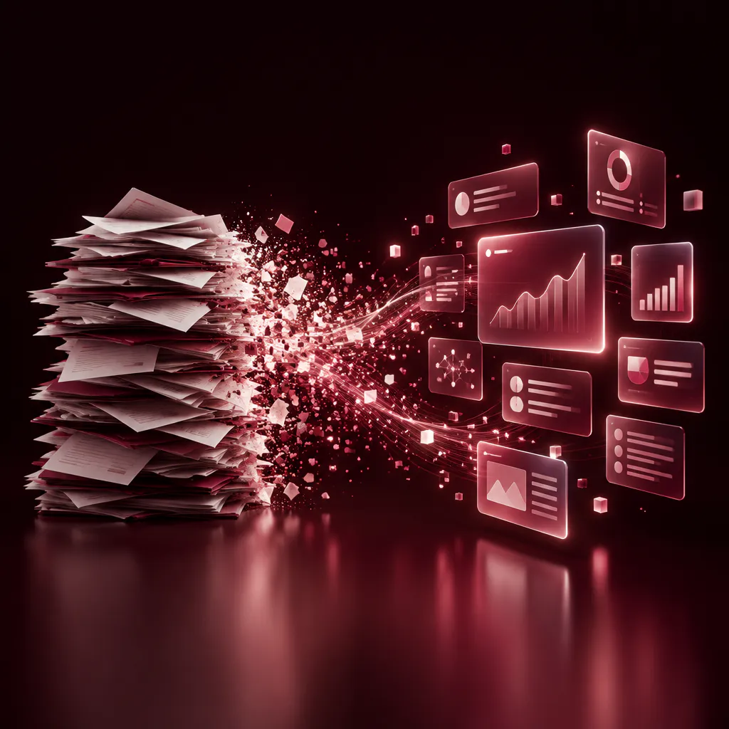 Papierstapel lösen sich in digitale Datenkarten auf