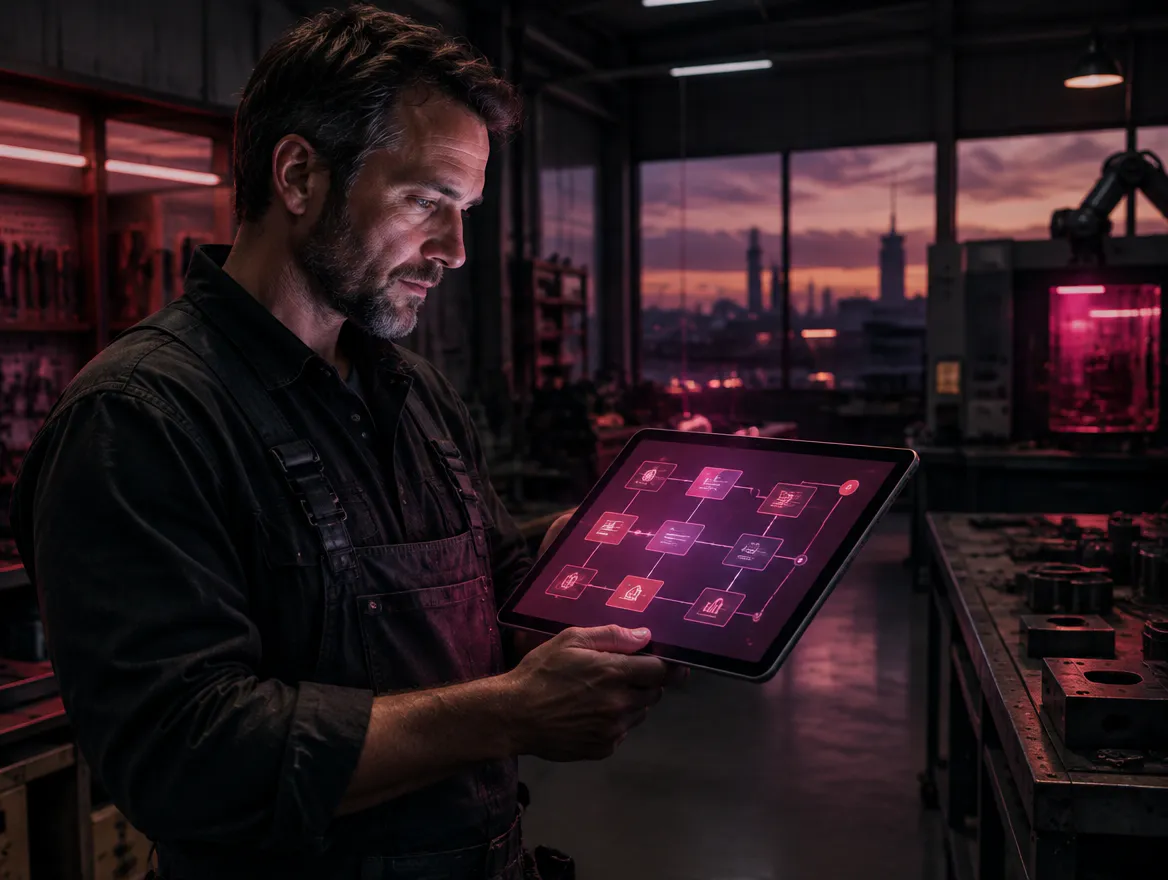 Inhaber prüft automatisierte Abläufe auf dem Tablet